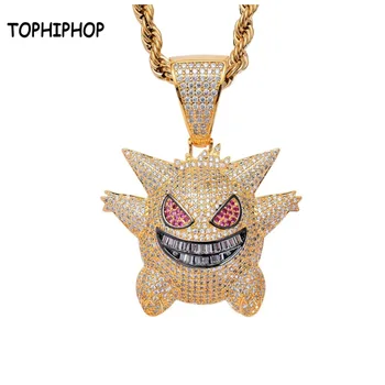 

TOPHIPHOP Hip Hop Mask Necklace Pokemon Pendant Micro Pave Cubic Zircon Copper Necklace Iced Out Chain Mens Jewelry Gift