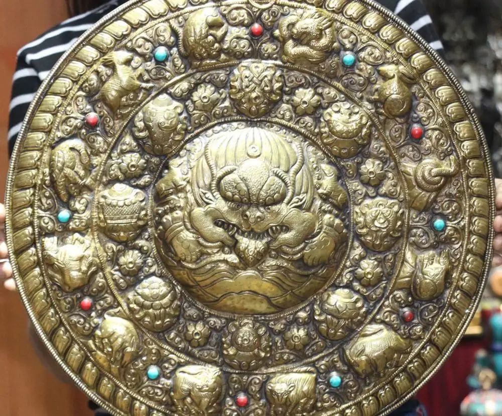 

15" Old Bronze Zodiac Year Animal 8 Symbol Garuda Buddha Fokan Shrines Screen