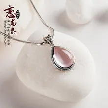 925 Sterling silver Pink crystal gota de agua collar Retro romántico piedras semi-preciosas naturales de cuarzo rosa colgante