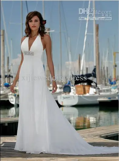 Wholesale Halter Wedding Dresses Chiffon Sleeveless V Neck Low Cut