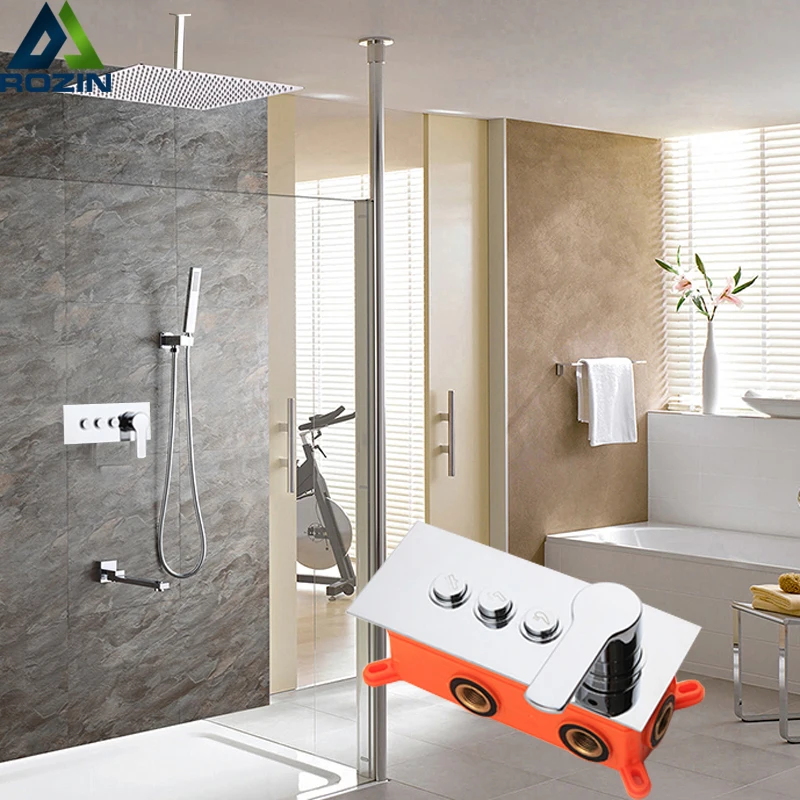 

Polished Chrome Ceiling Mounted Shower Faucets One Handle with 3 Diverter Button Bathroom Shower Kit Rotate Tub Can Mixer Tap