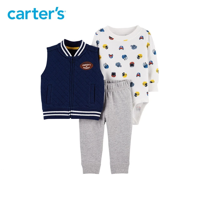 

3pcs football print bodysuit cute slogan Side pockets vest set Carter's baby boy spring autumn clothing 121I893