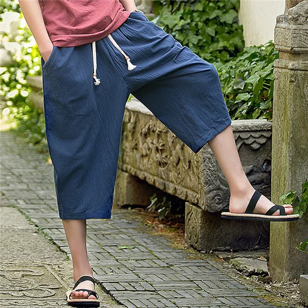 Мужские хлопковые льняные укороченные брюки с крестиком летние мужские повседневные широкие шаровары с веревкой на талии прямые брюки до середины икры - Цвет: Темно-синий