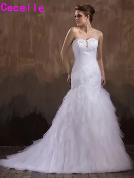 

2019 Elegant White Long Mermaid Sweetheart Wedding Dresses Ruching Tiered Tulle Wedding Gowns Vestidos De Novia Robe De Mariee