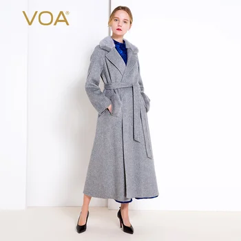 

VOA Grey Wool Coat Belted Jacket Women's Mink Fur Collar Overcoat Double-sided Cashmere Coat Female Long Outwear Navy Blue S301