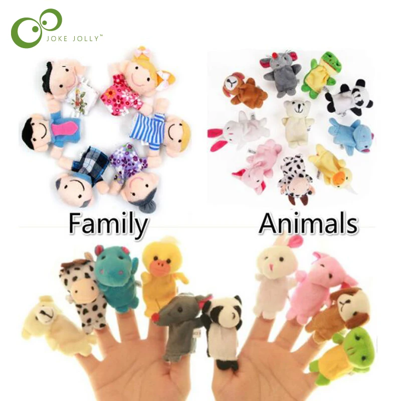 

New Baby Plush Toy Finger Puppets Tell Story Props 10pcs Animals and 6pcs Family Doll Kids Toys Children Gift WYQ