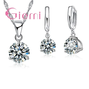 8 Colors 925 Sterling Silver Wedding Elegant Jewelry Sets Crystal Pendant Collar Necklace Earrings Women Decoration Set elegant triangle alloy shirt collar tips necklace silver