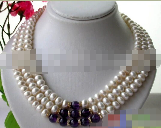 

Miss charm Jew1611 3ROW 10-11MM WHITE FRESHWATER CULTURED PEARL AMETHYST NECKLACE