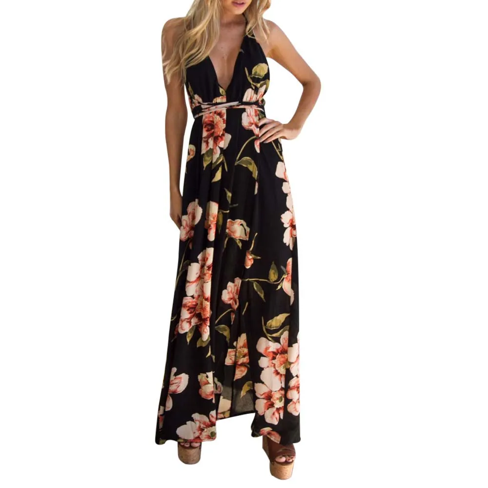 

Vestidos 2019 Sexy Women Deep V-Neck Long Beach Sundress Summer Ladies Boho Floral Printed Backless Casual Maxi Party Dresses #Z
