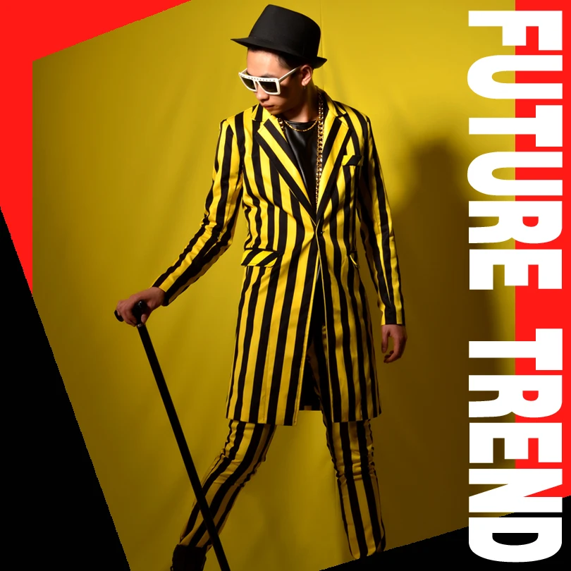 M-6XL! певец из ночного клуба DSDJ желтые и черные полосы в британском длинном костюме бар платье