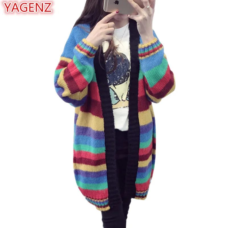 

YAGENZ Women Sweaters Coat Black Top Spring Autumn Jacket Cardigan Long Coats Women Knit Sweater Rainbow Color Loose Coat 264