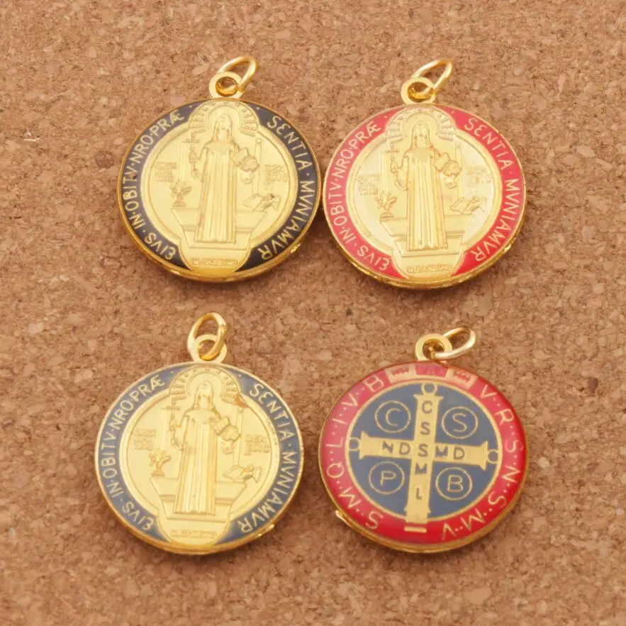 

4pcs 3Colors Enamel Saint Charm Benedict Medal Cross Crucifix Smqlivb Charm Beads 23.2x27mm Pendants T1669