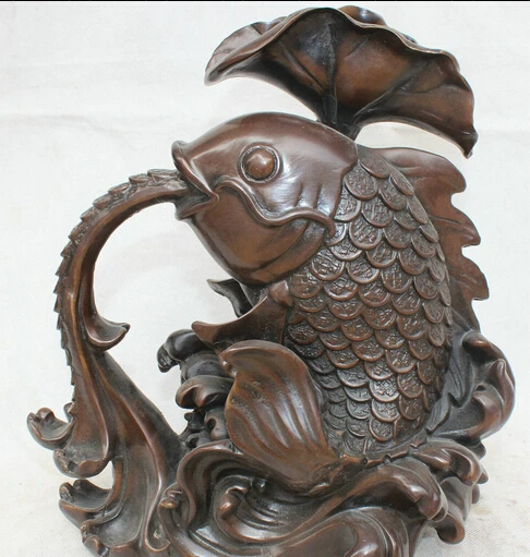 

JP S0524 13" Chinese Bronze Feng Shui Folk Wealth lotus flower Fish Statue sculpture