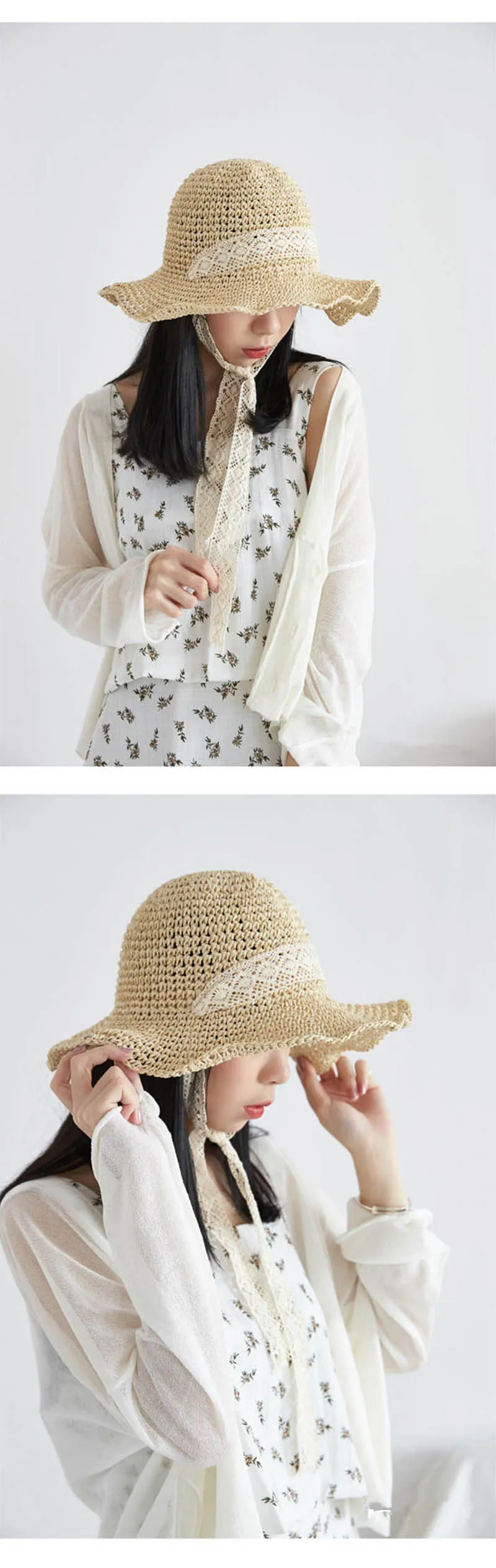 Fashion Women Lace Ribbon Bow Foldable Straw Hat Ladies Wide Brim Floppy Cap Summer Girls Travel Beach Boater Hats CP0262  (3)