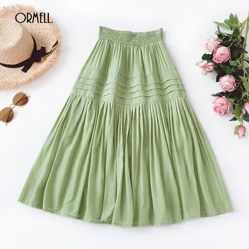 

ORMELL Vintage Pleated High Waist Ladies Long Skirts Summer Cotton Breathable A-line Solid Black White Green Casual Skirt