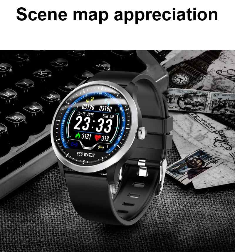 N58 ECG Smart Watch support Electrocardiogram Measurement 3D UI Multisport Fitness Tracker Smartwatch free black Silican Strap