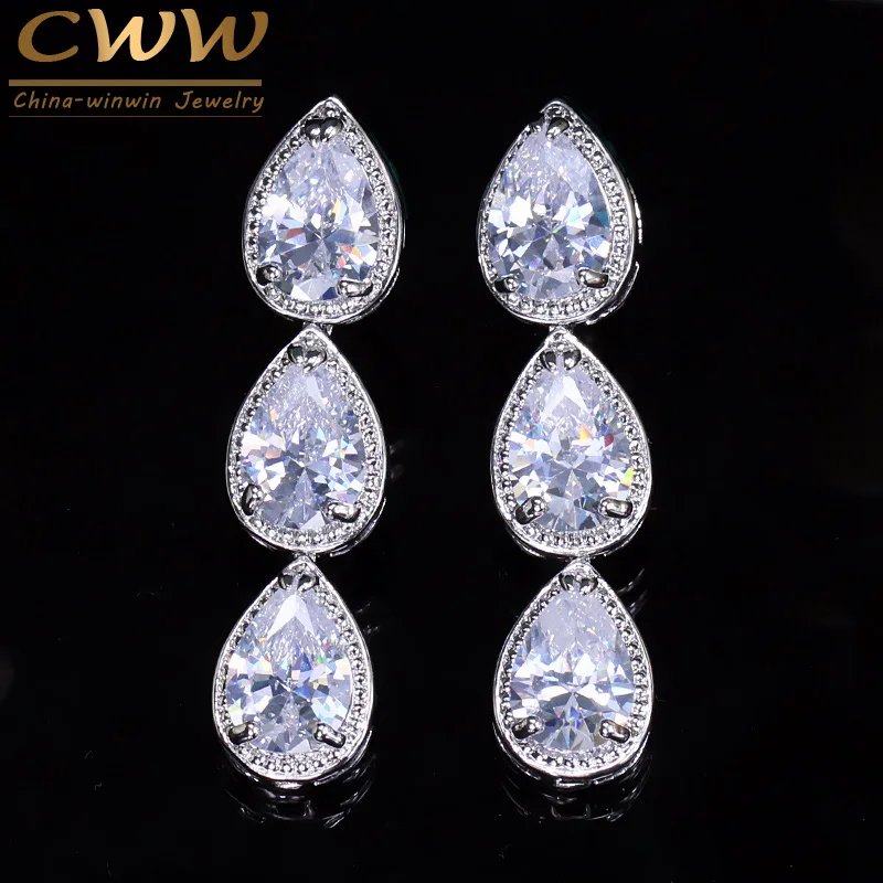 

CWWZircons Top Quality Brilliant Silver Color CZ Cubic Zircon Long Tear Drop Earrings for Bridesmaid Gift Jewelry CZ049