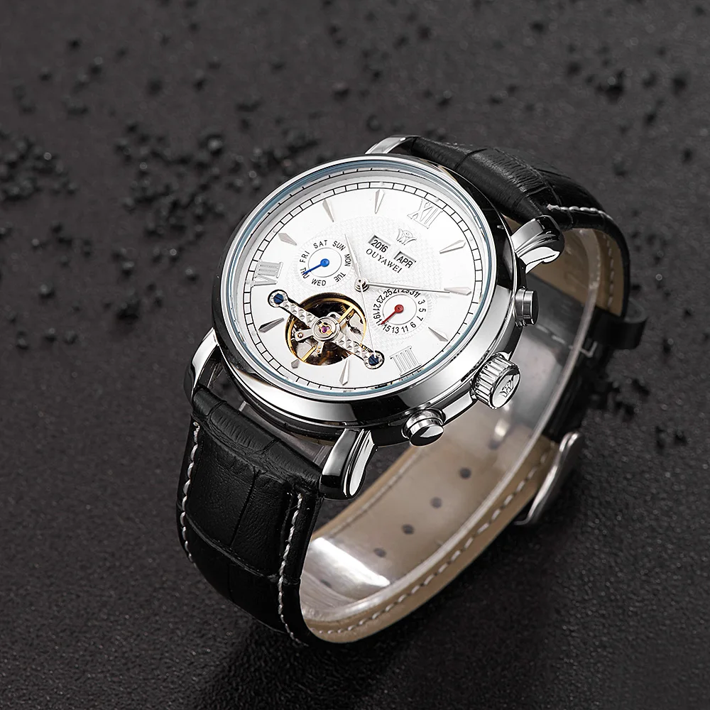 OUYAWEI رجالي ساعات أعلى العلامة التجارية الفاخرة تقويم كامل حذافة الطلب التلقائي الميكانيكية ساعة معصم حزام جلد Fragrances