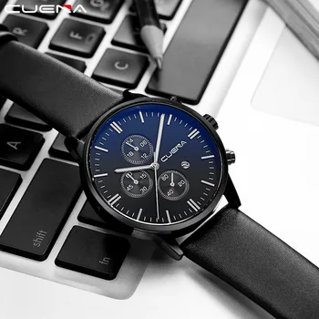 

CUENA Luxury Fashion Brand Men Watch Faux Leather Mens Blue Ray Glass Quartz Analog Mens Clock Watches Calen orologio uomo