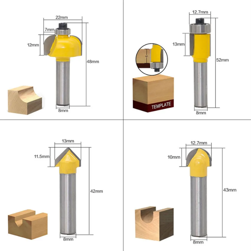 12 шт. фрезы Набор бит 8 мм деревообрабатывающий резак твердосплавный хвостовик фрезы Деревообработка Обрезка гравировка резьба режущие инструменты