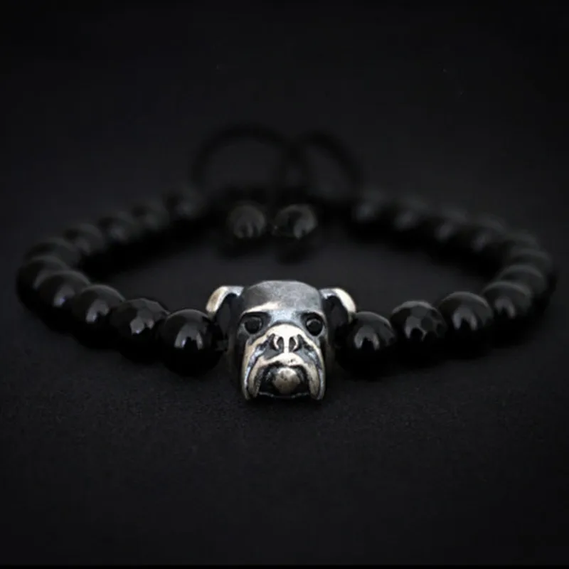 Mens Bracelet , 925 Silver Bulldog charm, Silver Bracelet, Bracelet For Men, Gift For Him, Puppy, Pet Friend, Onyx Bracelet, Armband