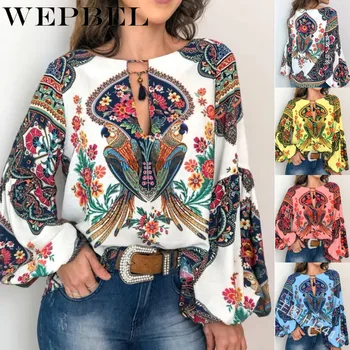 

WEPBEL 2019 Fashion Blouse New Women Loose Female Top Lantern Sleeve Belted Long Sleeve PrintingTops Spring &Summer Blouse
