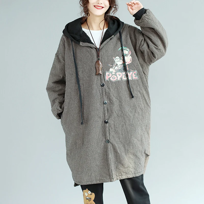 Зимняя куртка размера плюс, пальто для женщин, Мультяшные куртки с капюшоном, утолщенная бархатная парка, пальто, свободная длинная флисовая верхняя одежда 4XL 5XL