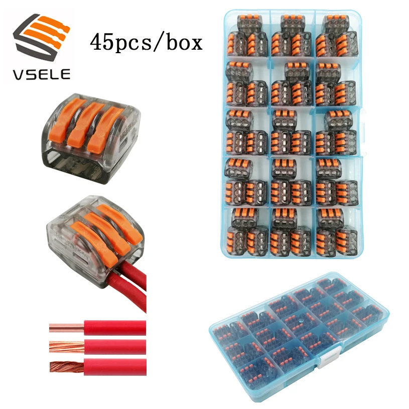 

45pcs/lot VSE-413C wire connectors for fine-stranded and solid wires 3p plug type spring clamping mini 222-413 terminal block