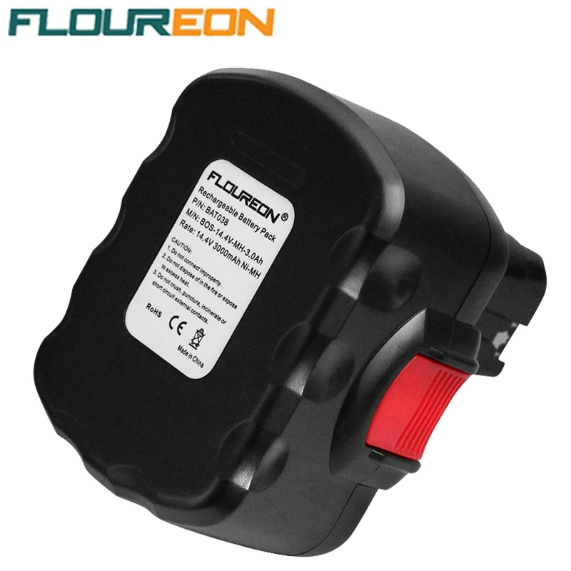 

FLOUREON BAT038 14.4V 3000mAh Power Tools Rechargeable Batteries Pack Replacement Cordless for Bosch Drill 3660CK Ni-MH Black
