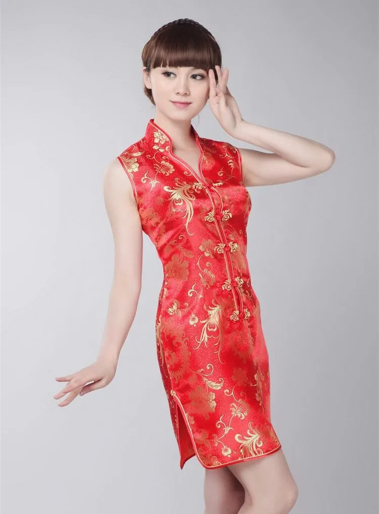 Женское атласное платье чонсам Ципао с острым вырезом и цветочным принтом