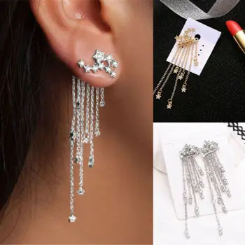 

2019 New Women Classic Long Drop Earrings Diamante Star Tassel Rhinestone Silver Crystal Earrings