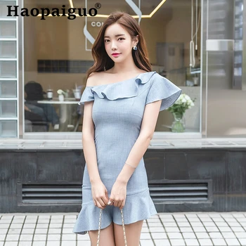 

Solid Sexy Party Mini Dress Club Wear for Ladies One-shoulder Trumpet Wrap Dress Women Ruffles Casual Sukienki Summer Dress 2019
