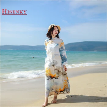 

Hisenky 2019 Spring New Female Sweet Beach Dress Mandarin Collar Raime Maxi Bohemian Long Dress Loose Qipao Dress Robe Vestidos