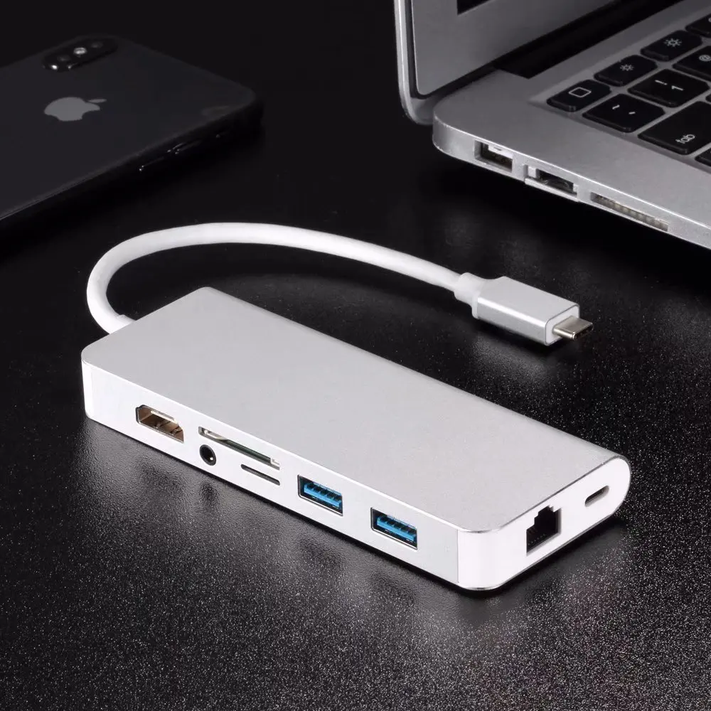  8 in1 USB C Docking Station Type-C to HDMI Card Reader RJ45 PD Adapter for MacBook Samsung Galaxy S
