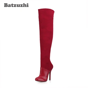 

Batzuzhi-Red Suede Leather Boots Women Stiletto Sexy 12cm Heels Pointed Toe Women Knee High Winter Boots Botas Mujer