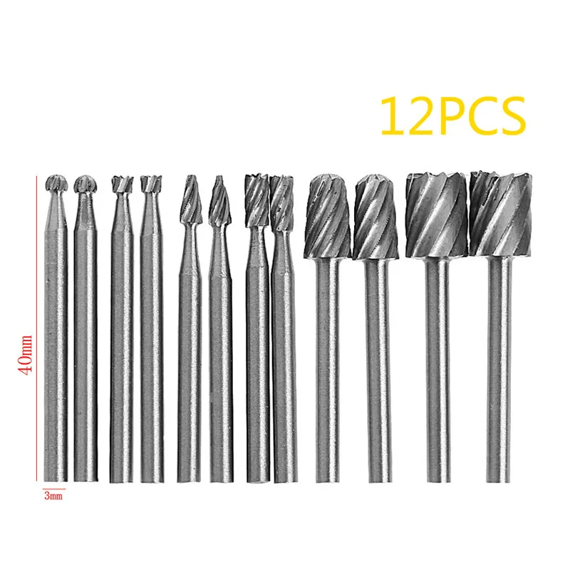 

High Quality 12pcs 1/8" Shank HSS Router Bit Rotary Burrs File Set Dremel Milling Cutter Drill Bits Burr