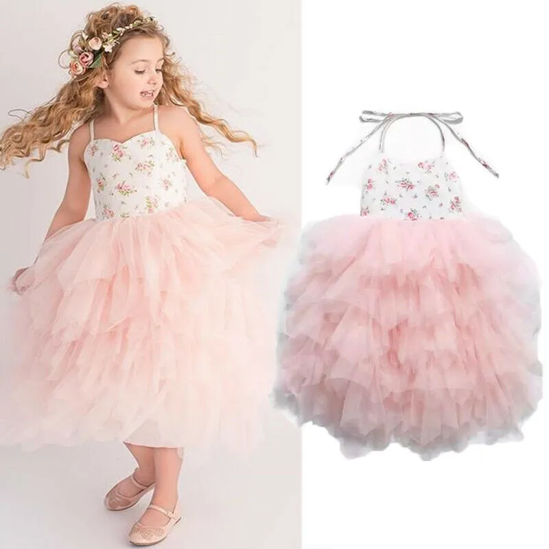 Kids Baby Girls Formal Princess Dress Halter Lace-up Flowers Mid-Calf Layered Dresses Ruffles Tulle Tutu Sundress 18M-6Y | Детская