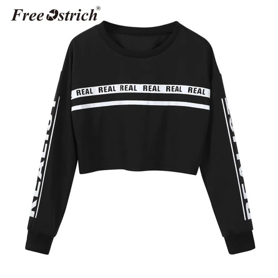 

FREE OSTRICH Fashion Women's Sweatshirt Hoodies Pullover Letter REAL O Neck Long Sleeve Cropped Feminino Moletom Feminino