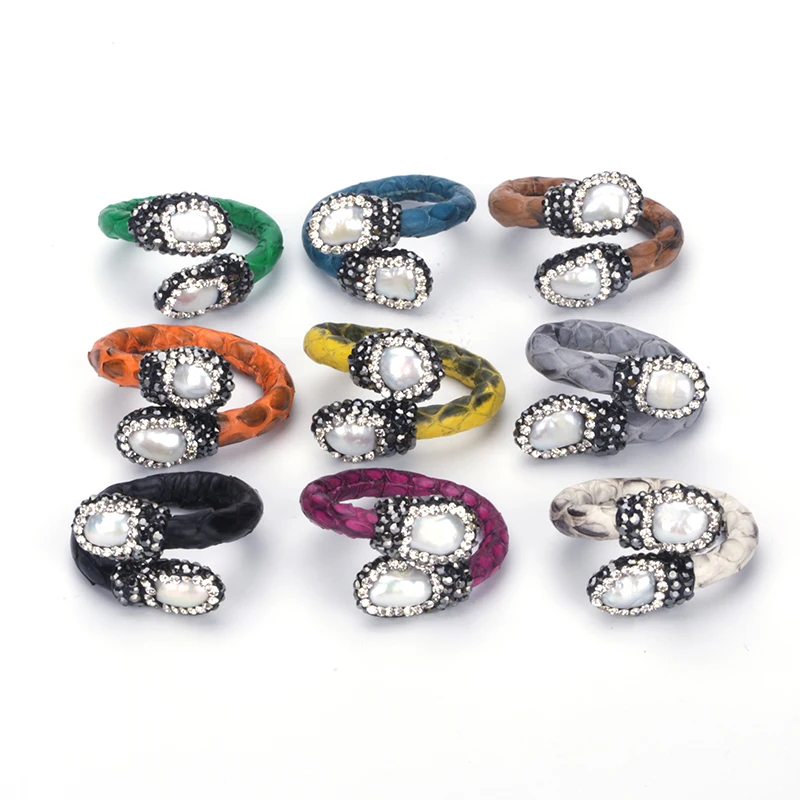 

New Arrival Trendy Snake Leather Rhinestone Rings Pearl For Women Hotsale Casual Statement Jewelry Bijoux Gift