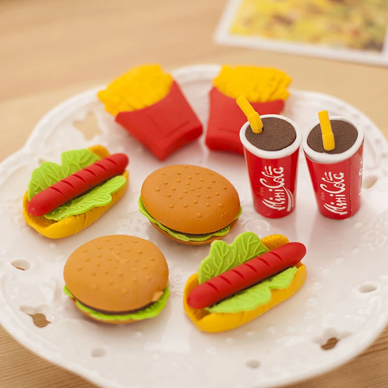 

6pcs/Set Cute Kawaii Hamburger Food Drink Cola Rubber Eraser Set School Office Erase Supplies Kids Gifts