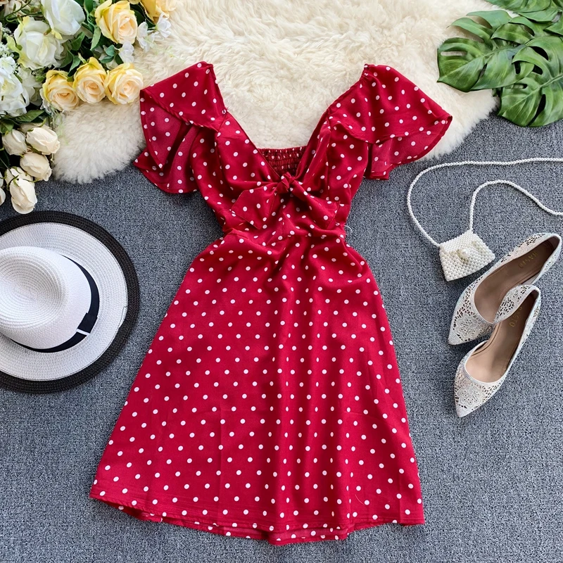 

2019 Retro Dot Print Casual Dress Women V Collar Short Flare Sleeve High Waist A-line Sexy Vestidos H255