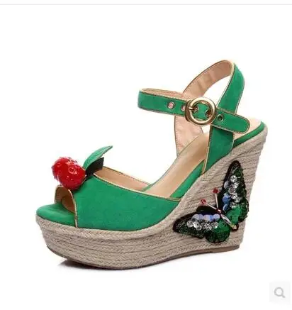 

Newest Design Ladies Green Sandals Cherry Butterfly Peep Toe Wedge 8cm Shoes Wedding Party Dress Shoes