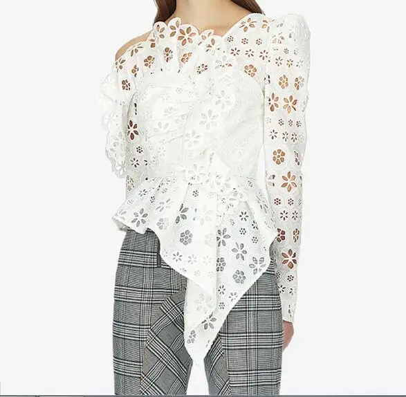 Elegant Casual flounced Dip Hem Top Crochet Irregular Hollow Out flower long sleeve Blouse