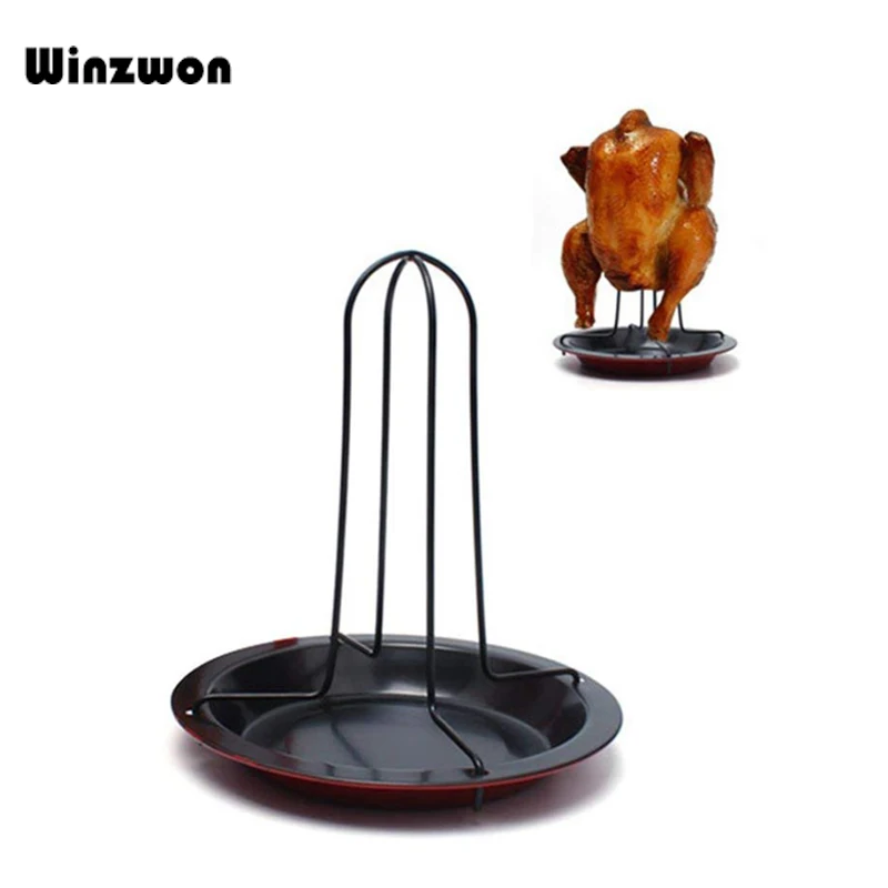 

1Set Steel Upright Chicken Roaster Rack With Tray Non-stick Cooking Tools Baking Pan Barbecue Grilling BBQ Accessories