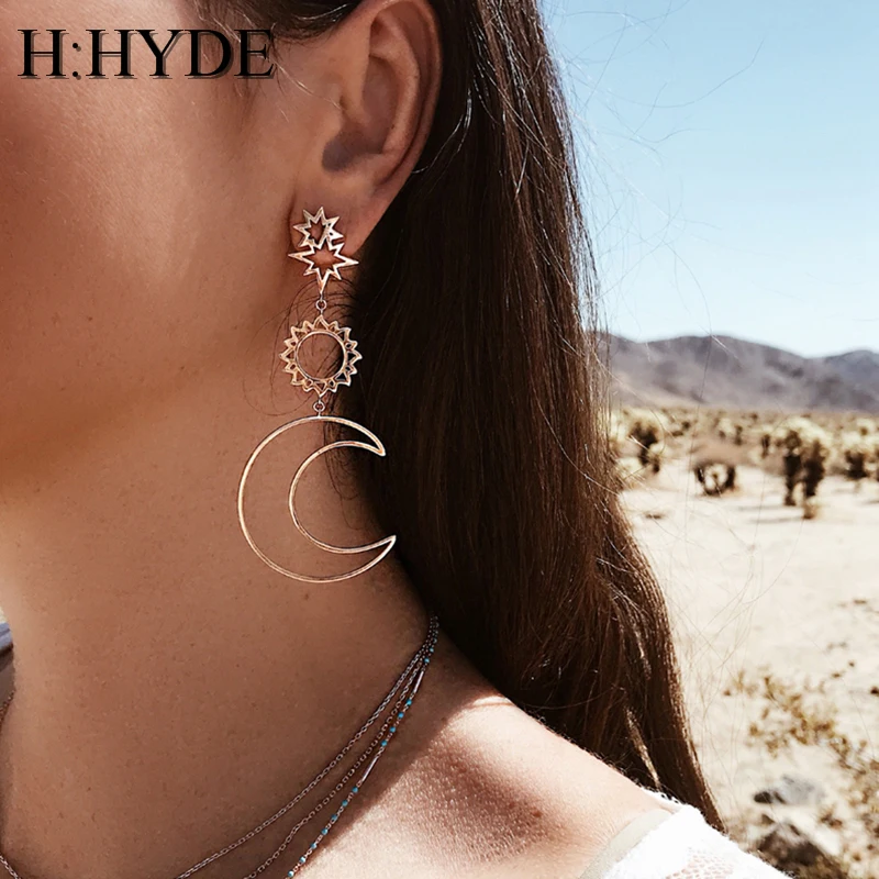 H:HYDE полые серьги звезда и луна солнце подвесные модные романтические