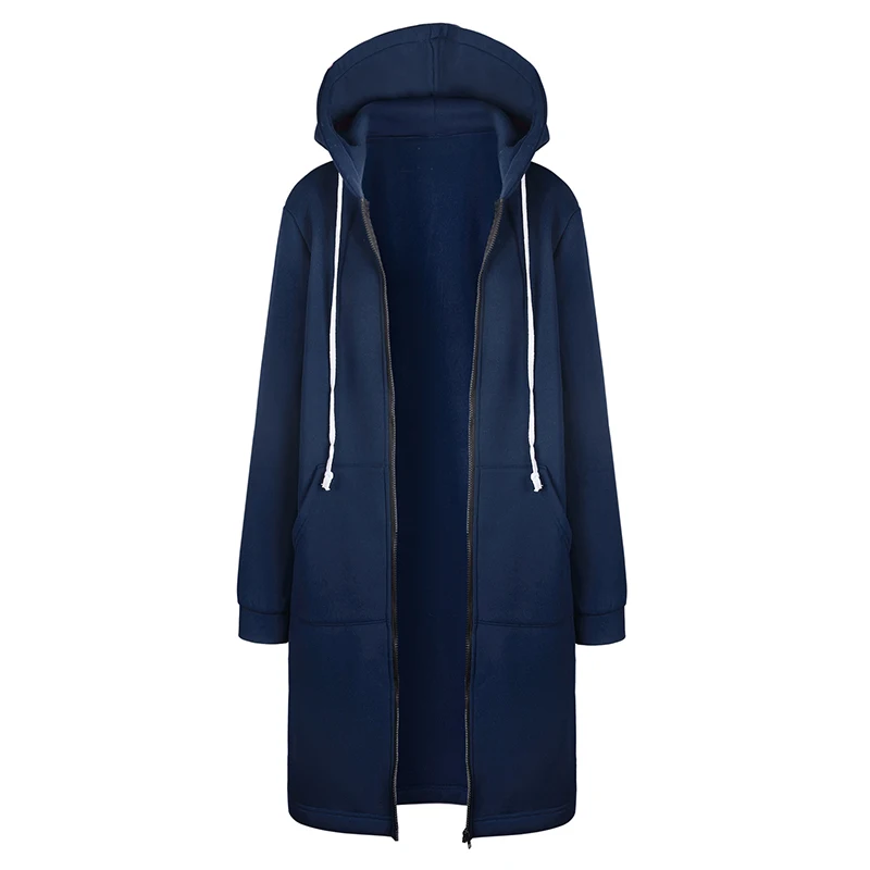Женское длинное пальто на молнии, куртка с капюшоном, Осень-зима, повседневное свободное Женское пальто, толстовка с капюшоном, куртки, плюс размер 5XL - Цвет: Blue