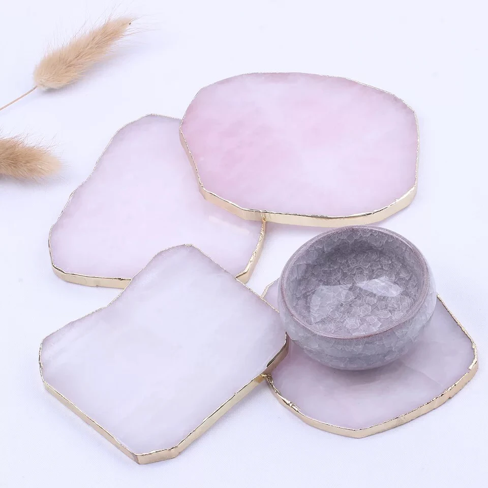 9cm Wholesale 1pcs Natural Rose Quartz Coaster Hexagon Crystal Platter Electroplated Gold Color Jewelry for Cup Mat Display