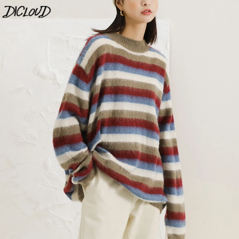 

DICLOUD Oversized Pullovers Women Winter Striped Knited Sweaters Ladies Long Sleeve Pullovers Sweater Female O-Neck Top Harajuku