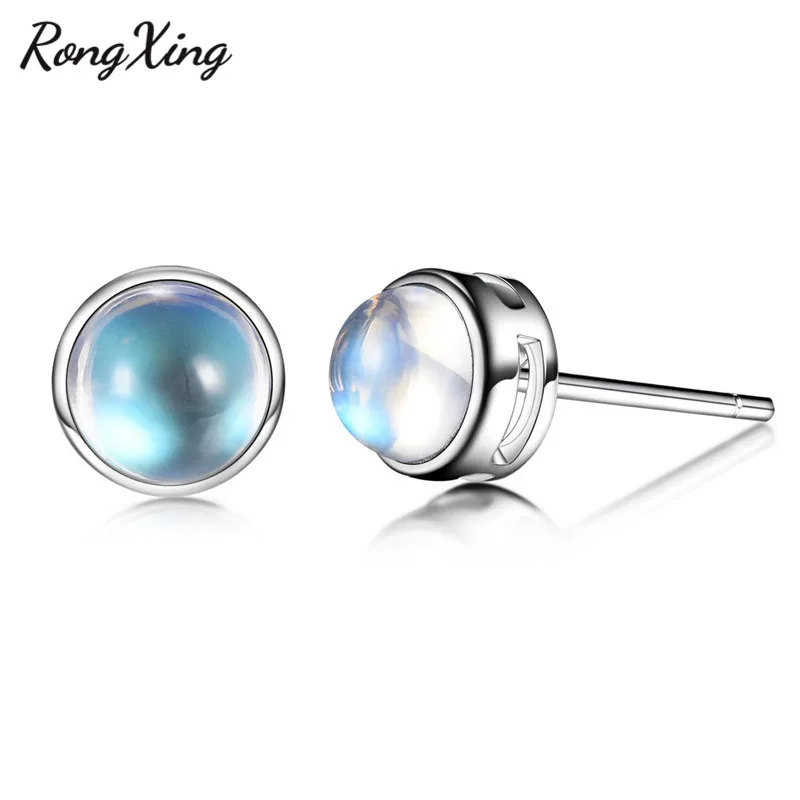 

RongXing Simple Fashion Natural Moonstone Stud Earrings for Women 925 Silver Filled Multicolor Birthstone Earring Dainty Jewelry