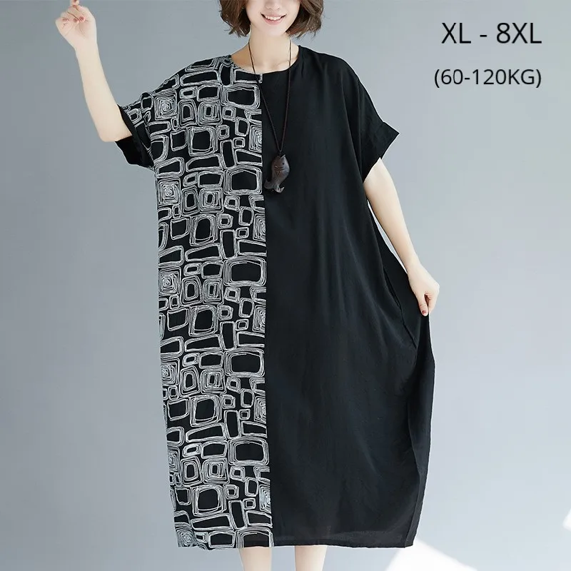 

Short Sleeve Women Summer Dress Plus Size 8XL 7XL 6XL Cotton Blend Patchwork Casual Clothing Female Beach Style Loose Dress